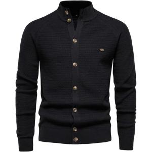 imageCHARTOU Men Casual Knitted Cardigan Sweater Stand Collar Button Up Knit Sweater Jacket Regular FitBlack