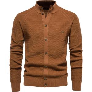 imageCHARTOU Men Casual Knitted Cardigan Sweater Stand Collar Button Up Knit Sweater Jacket Regular FitCoffee