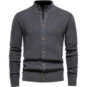 imageCHARTOU Men Casual Knitted Cardigan Sweater Stand Collar Button Up Knit Sweater Jacket Regular FitDark Grey