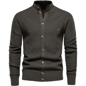 imageCHARTOU Men Casual Knitted Cardigan Sweater Stand Collar Button Up Knit Sweater Jacket Regular FitGreen