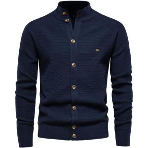 imageCHARTOU Men Casual Knitted Cardigan Sweater Stand Collar Button Up Knit Sweater Jacket Regular FitNavy