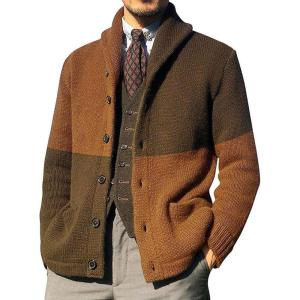 imageCHARTOU Mens Shawl Collar Open Front Cardigan Color Block Knitwear Sweater JacketBrown