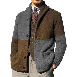 imageCHARTOU Mens Shawl Collar Open Front Cardigan Color Block Knitwear Sweater JacketGrey