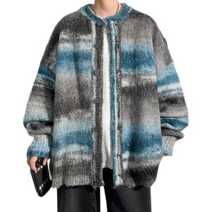 imageCHARTOU Mens Slouchy Oversized Cardigan Sweater Long Sleeve Button Down Knit Sweater Loose Color Block TopBlue