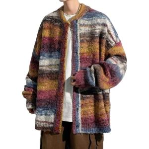 imageCHARTOU Mens Slouchy Oversized Cardigan Sweater Long Sleeve Button Down Knit Sweater Loose Color Block TopRed
