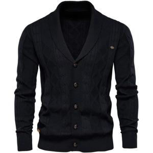 imageCHARTOU Mens Vintage Cable Knit Shawl Collar Button Down Fishermen Sweater Cardigan CoatBlack
