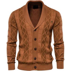 imageCHARTOU Mens Vintage Cable Knit Shawl Collar Button Down Fishermen Sweater Cardigan CoatCaramel