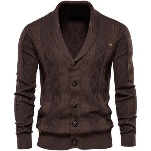 imageCHARTOU Mens Vintage Cable Knit Shawl Collar Button Down Fishermen Sweater Cardigan CoatCoffee