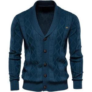 imageCHARTOU Mens Vintage Cable Knit Shawl Collar Button Down Fishermen Sweater Cardigan CoatDark Cyan