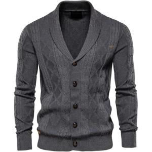imageCHARTOU Mens Vintage Cable Knit Shawl Collar Button Down Fishermen Sweater Cardigan CoatDark Grey
