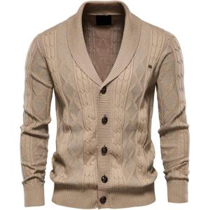 imageCHARTOU Mens Vintage Cable Knit Shawl Collar Button Down Fishermen Sweater Cardigan CoatKhaki