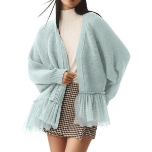 imageCHARTOU Open Front Chunky Cardigan Sweaters for Women Dressy Lace Long Sleeve Cable Knit Sweater OutwearsSky Blue