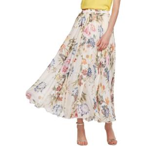 imageCHARTOU Womens Elegant Summer Full Length Boho Floral Print Pleated Chiffon Long Maxi Skirt DressWhite