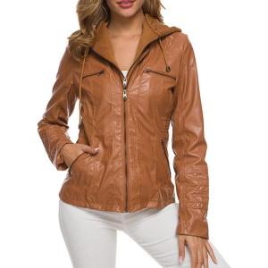imageCHARTOU Womens Retro PU Faux Leather Biker Moto Jacket Coat with Detachable HoodBrown