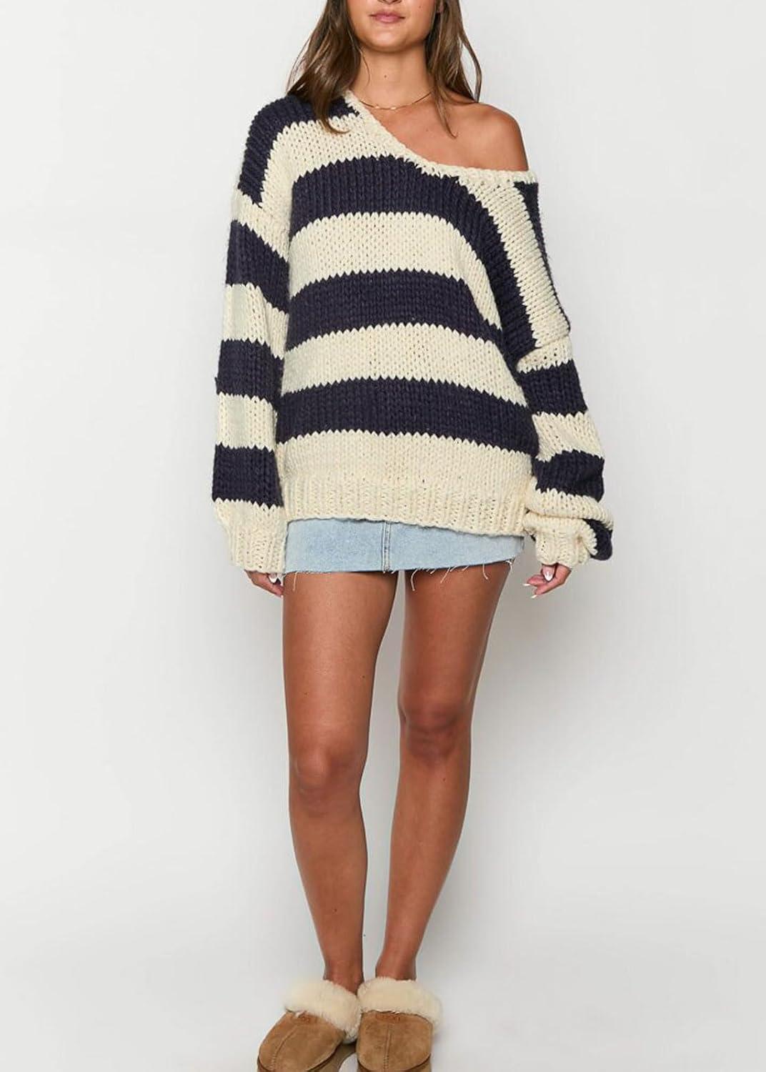 imageCHARTOU Women Chunky Knit Cable Pullover Sweater Oversized V Neck Long Sleeve Off Shoulder Tops Fall OutfitsBlack