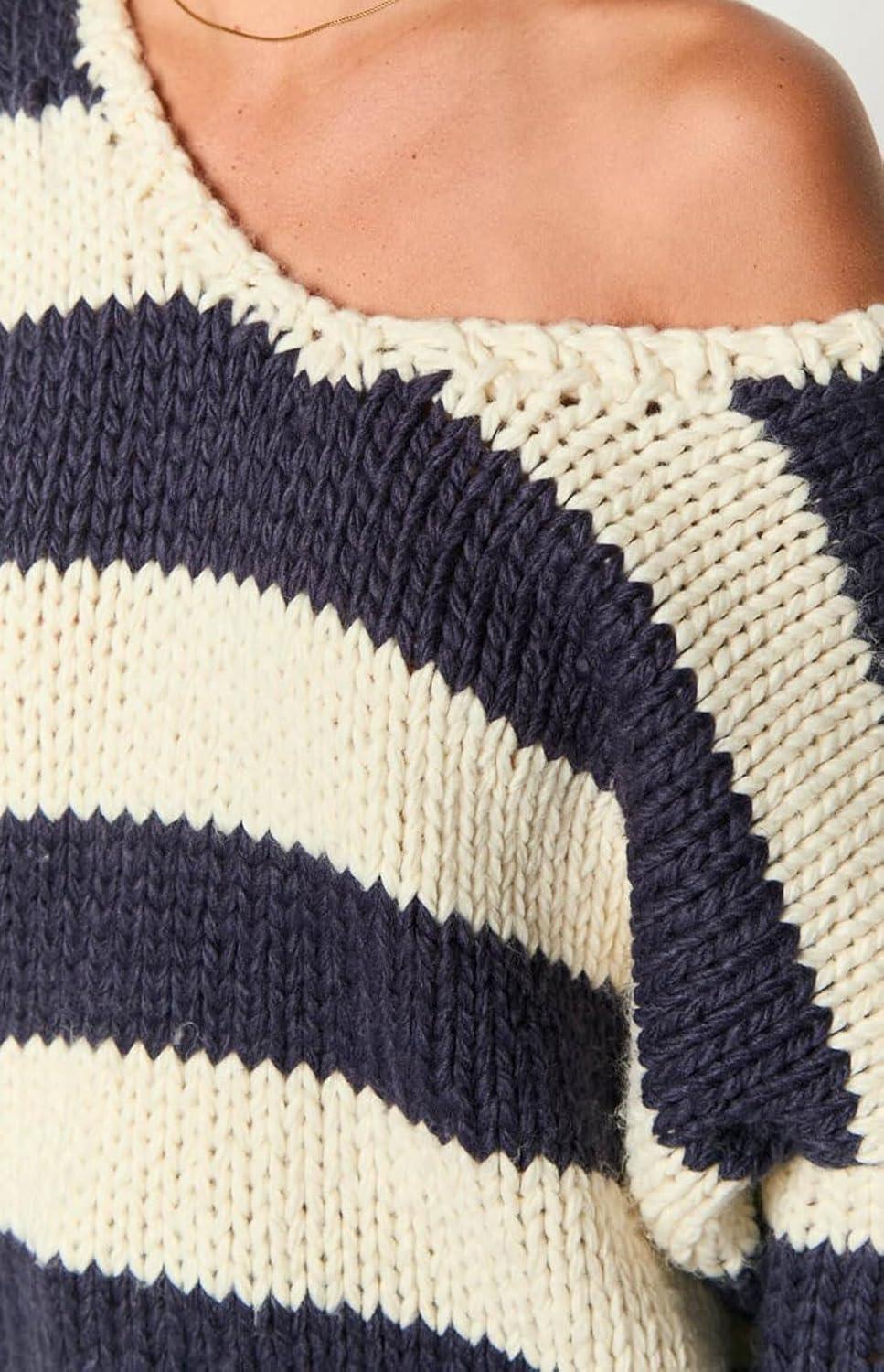 imageCHARTOU Women Chunky Knit Cable Pullover Sweater Oversized V Neck Long Sleeve Off Shoulder Tops Fall OutfitsBlack