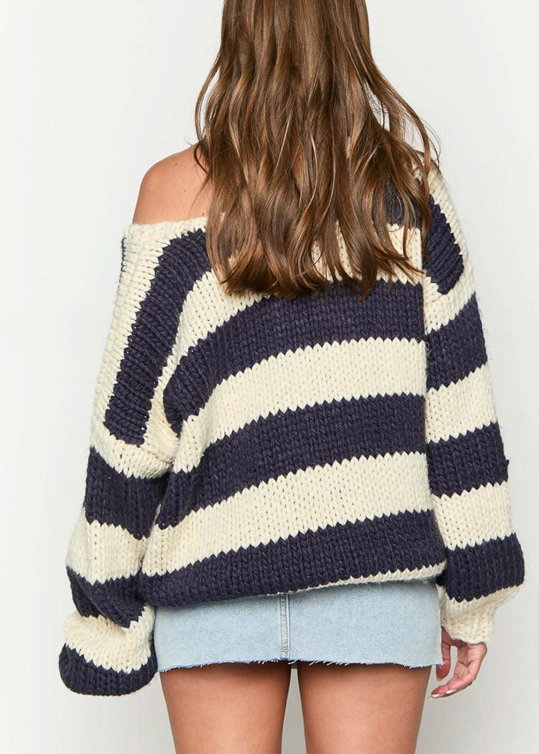 imageCHARTOU Women Chunky Knit Cable Pullover Sweater Oversized V Neck Long Sleeve Off Shoulder Tops Fall OutfitsBlack