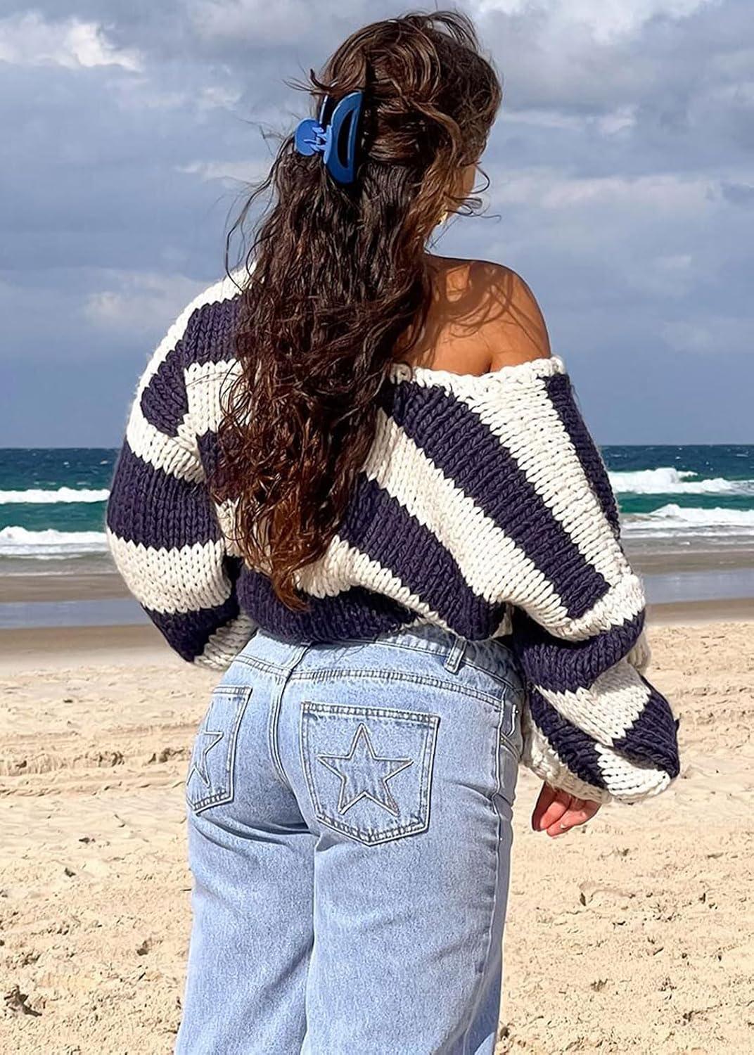 imageCHARTOU Women Chunky Knit Cable Pullover Sweater Oversized V Neck Long Sleeve Off Shoulder Tops Fall OutfitsBlack