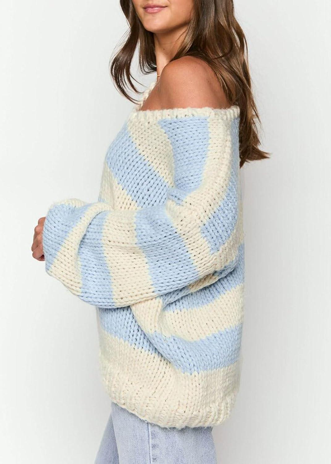 imageCHARTOU Women Chunky Knit Cable Pullover Sweater Oversized V Neck Long Sleeve Off Shoulder Tops Fall OutfitsBlue