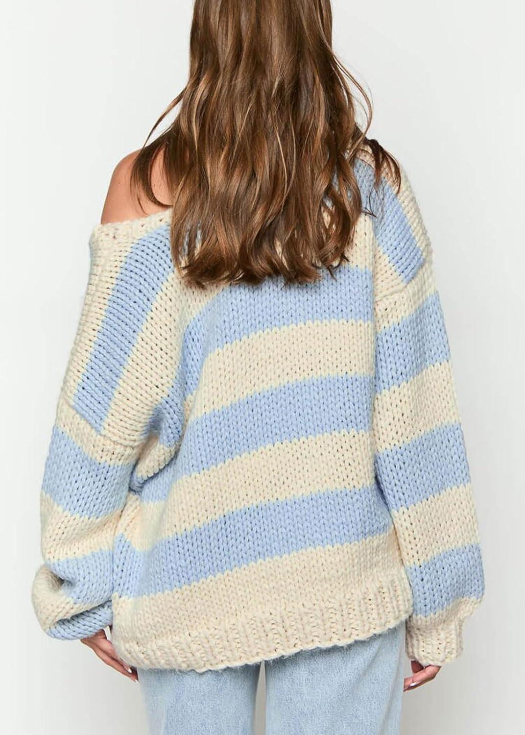 imageCHARTOU Women Chunky Knit Cable Pullover Sweater Oversized V Neck Long Sleeve Off Shoulder Tops Fall OutfitsBlue