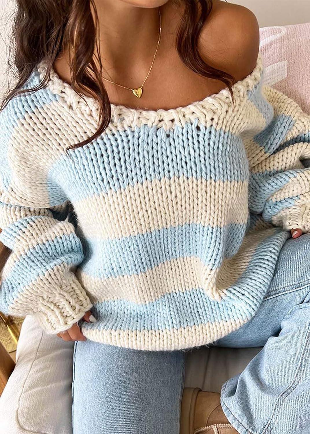 imageCHARTOU Women Chunky Knit Cable Pullover Sweater Oversized V Neck Long Sleeve Off Shoulder Tops Fall OutfitsBlue