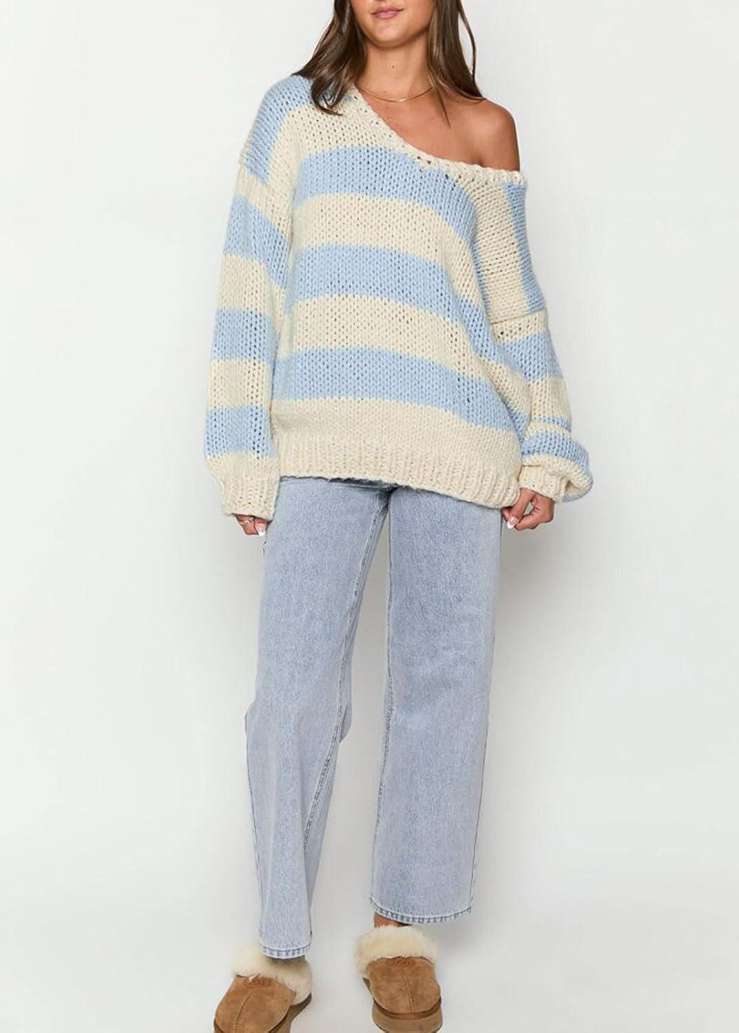 imageCHARTOU Women Chunky Knit Cable Pullover Sweater Oversized V Neck Long Sleeve Off Shoulder Tops Fall OutfitsBlue