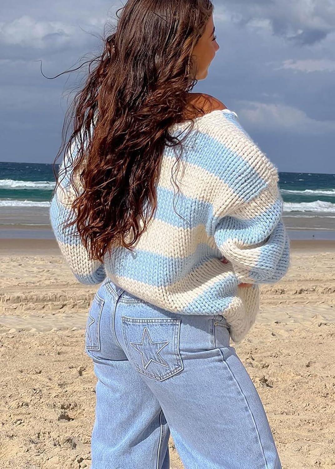 imageCHARTOU Women Chunky Knit Cable Pullover Sweater Oversized V Neck Long Sleeve Off Shoulder Tops Fall OutfitsBlue