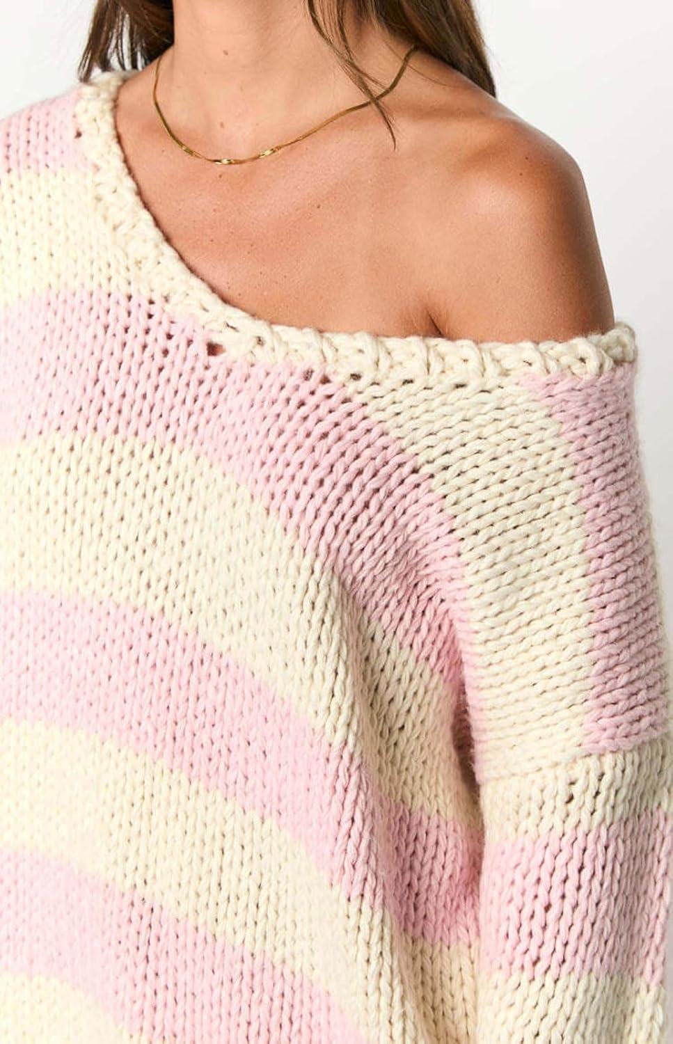 imageCHARTOU Women Chunky Knit Cable Pullover Sweater Oversized V Neck Long Sleeve Off Shoulder Tops Fall OutfitsPink