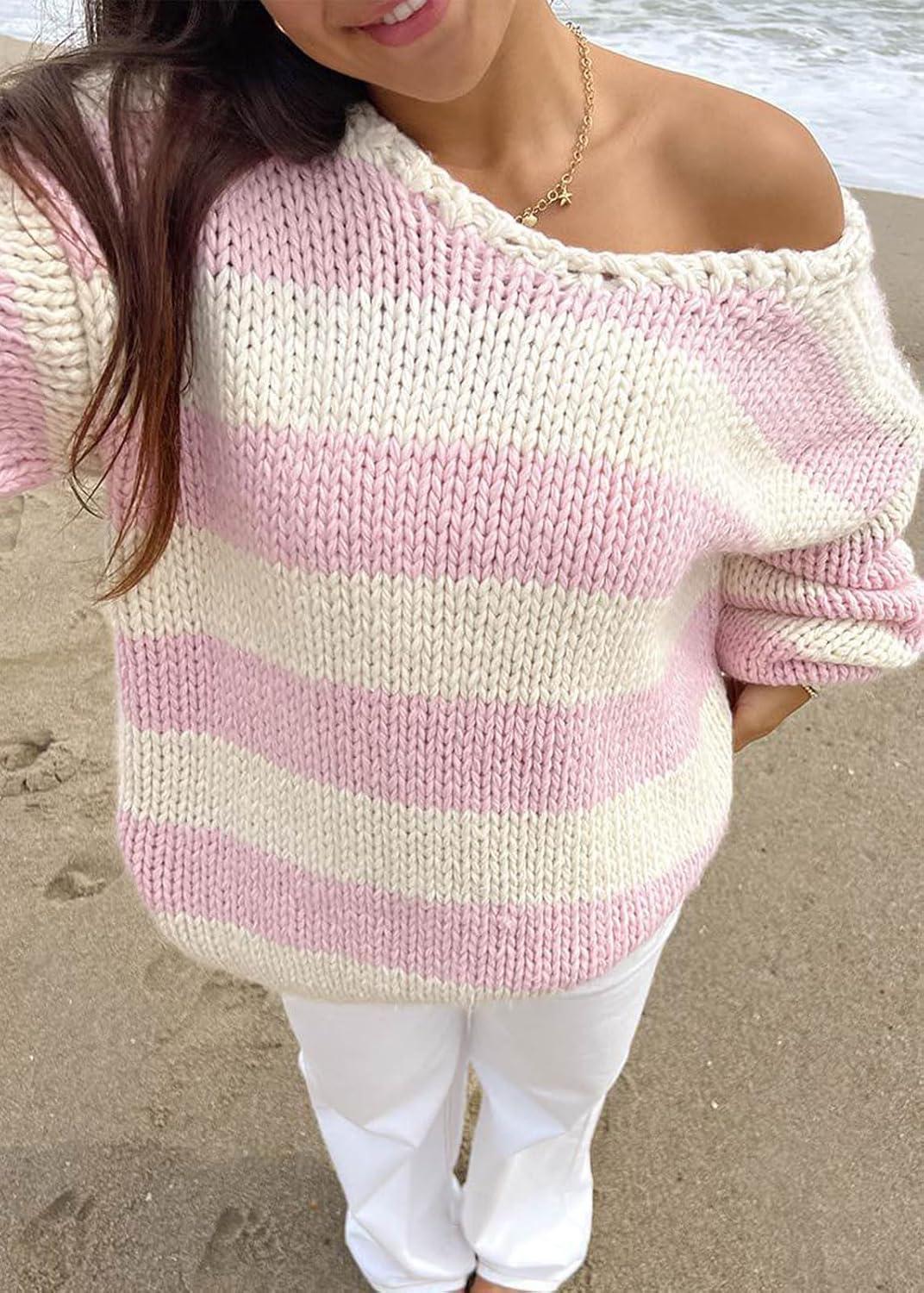 imageCHARTOU Women Chunky Knit Cable Pullover Sweater Oversized V Neck Long Sleeve Off Shoulder Tops Fall OutfitsPink