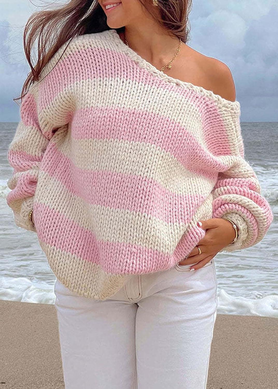 imageCHARTOU Women Chunky Knit Cable Pullover Sweater Oversized V Neck Long Sleeve Off Shoulder Tops Fall OutfitsPink
