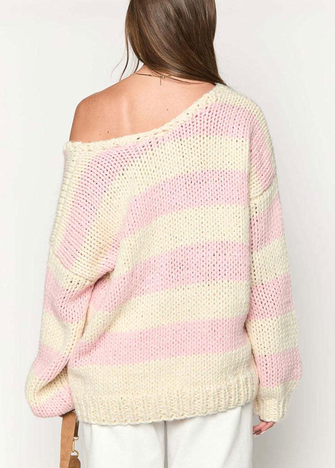 imageCHARTOU Women Chunky Knit Cable Pullover Sweater Oversized V Neck Long Sleeve Off Shoulder Tops Fall OutfitsPink