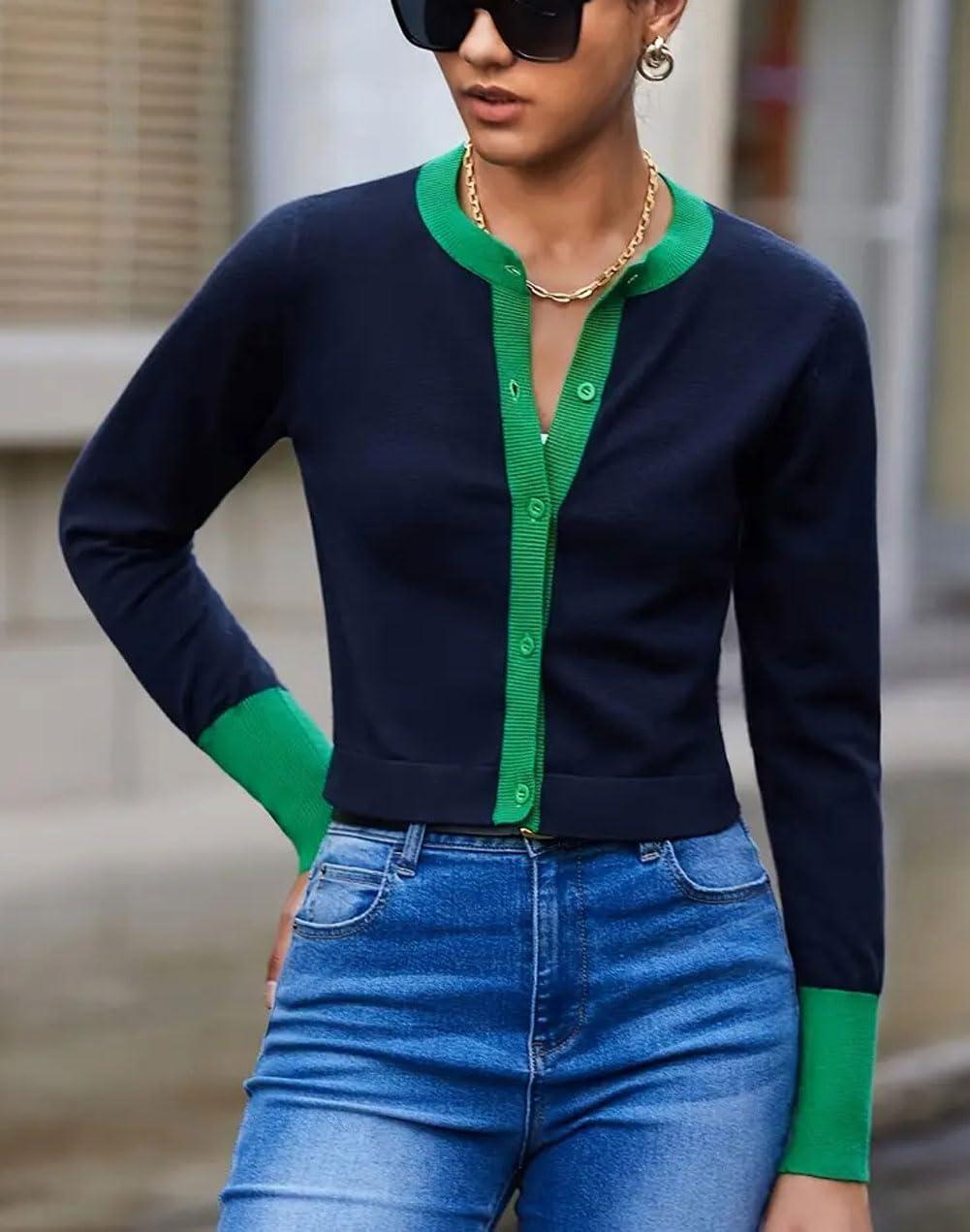 imageCHARTOU Women Color Block Cardigan Sweater Lightweight Basic Sweater Open Front Cropped Cardigan ShrugsNavy