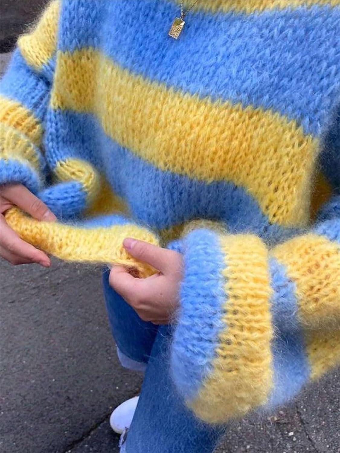 imageCHARTOU Women Color Block Striped Sweater Fall Oversized Fuzzy Chunky Knit Pullover Sweater OutwearBlue