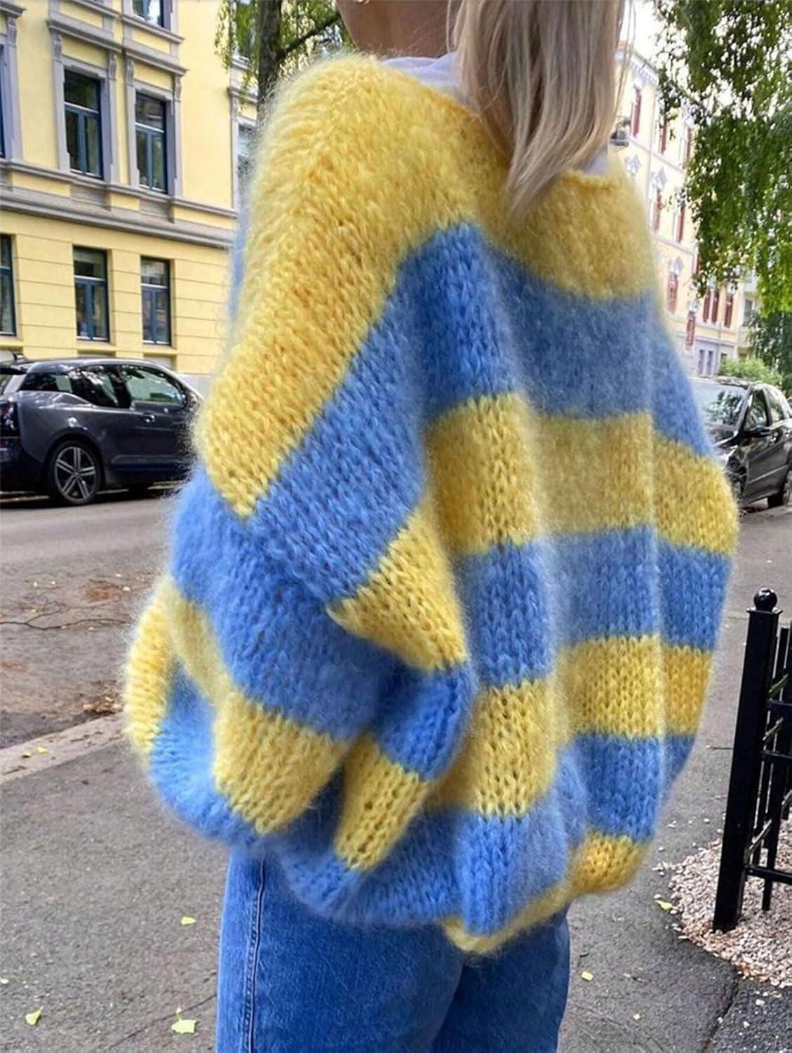 imageCHARTOU Women Color Block Striped Sweater Fall Oversized Fuzzy Chunky Knit Pullover Sweater OutwearBlue