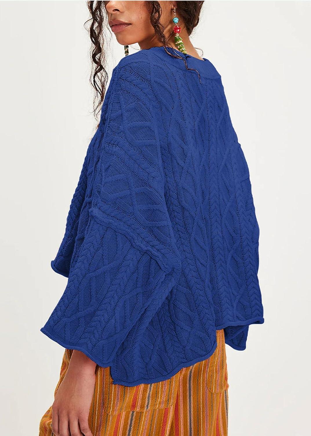 imageCHARTOU Women Fall Cable Knit Pullover Sweater Crew Neck 34 Sleeve Chunky Cropped Slouchy Sweater JumperBlue