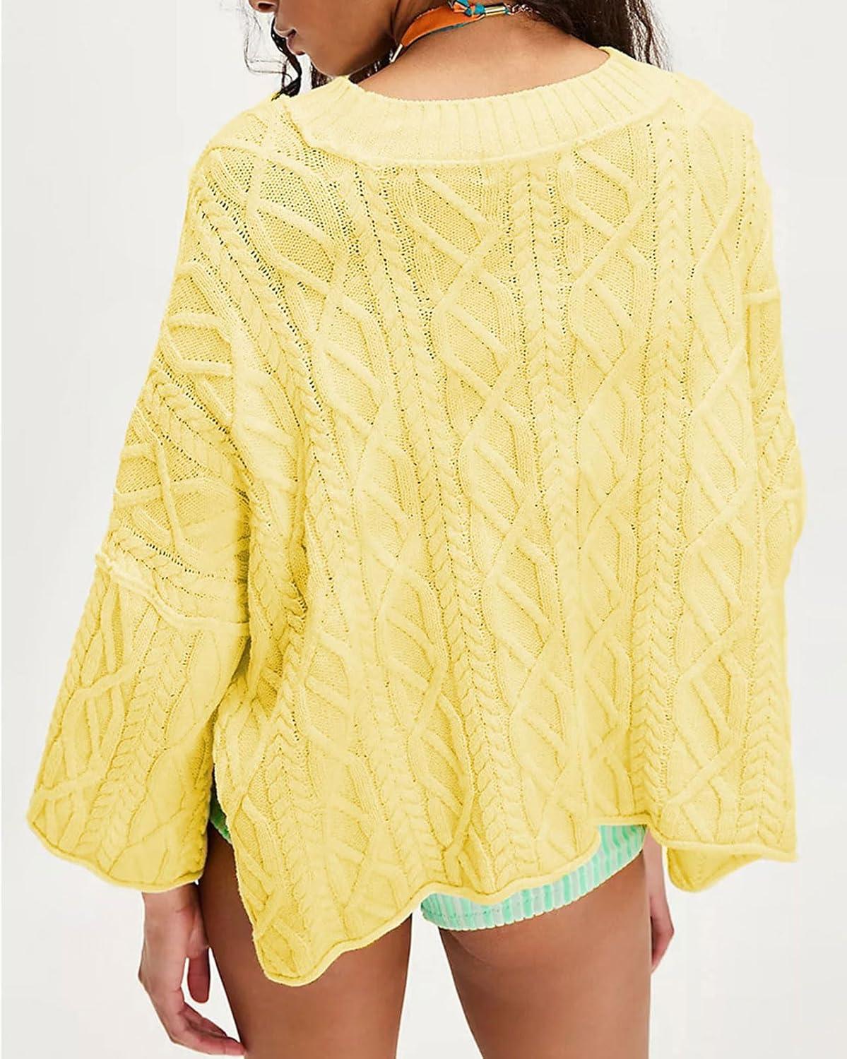 imageCHARTOU Women Fall Cable Knit Pullover Sweater Crew Neck 34 Sleeve Chunky Cropped Slouchy Sweater JumperYellow