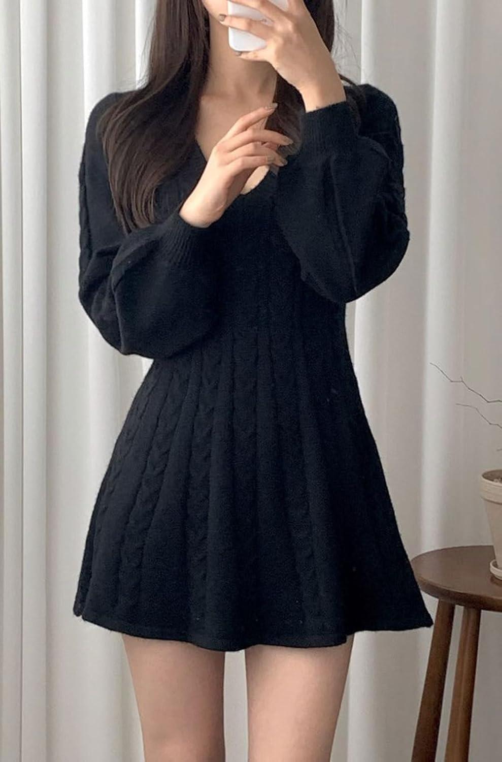 imageCHARTOU Women Fall Chunky Cable Knit V Neck Lantern Long Sleeve Pullover Sweater DressBlack