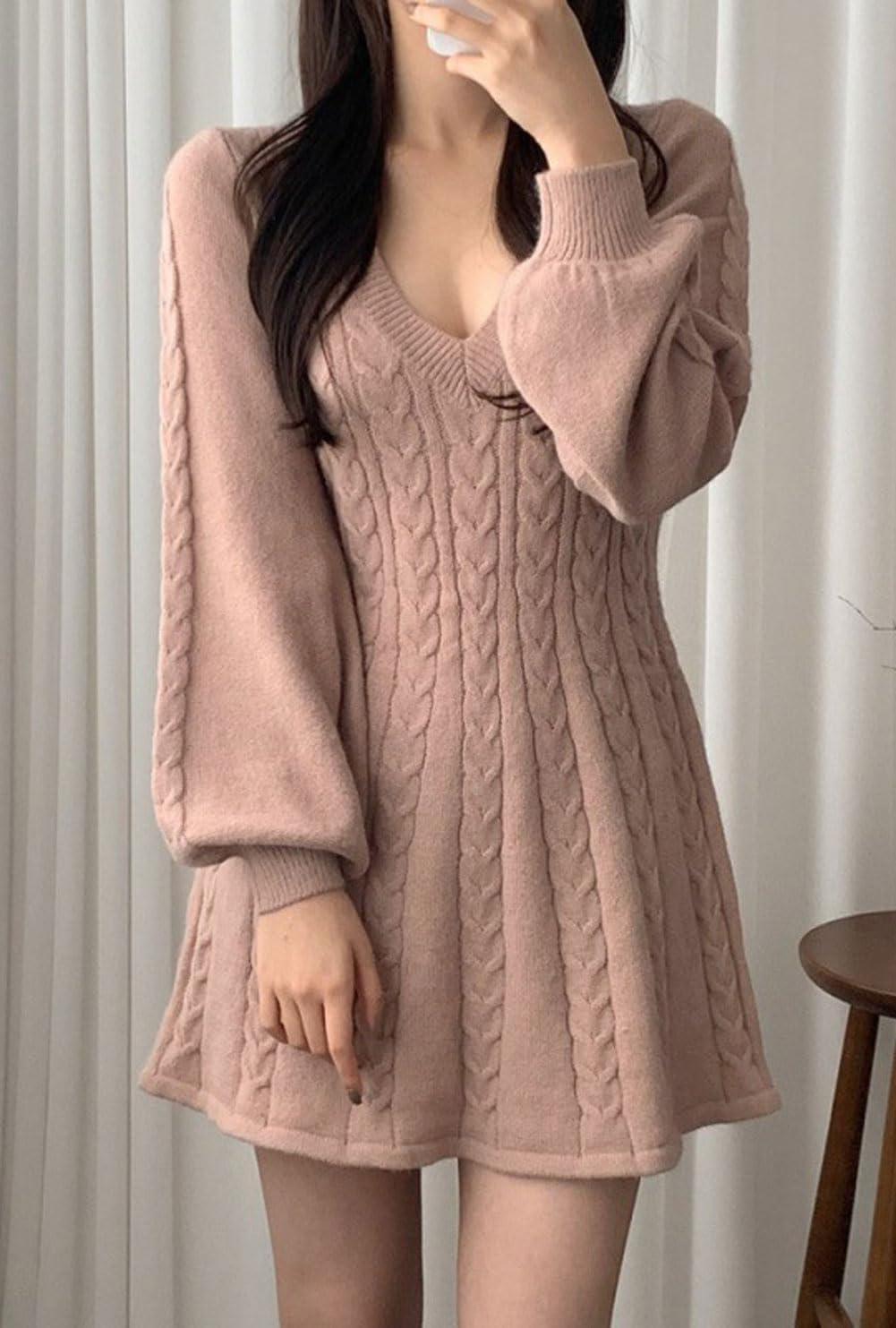 imageCHARTOU Women Fall Chunky Cable Knit V Neck Lantern Long Sleeve Pullover Sweater DressPink