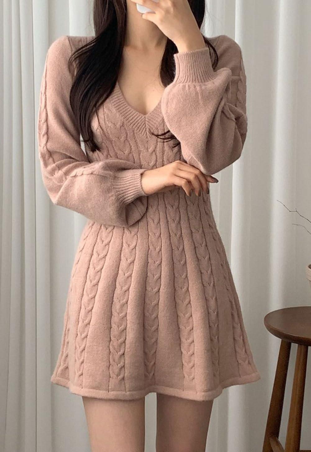 imageCHARTOU Women Fall Chunky Cable Knit V Neck Lantern Long Sleeve Pullover Sweater DressPink