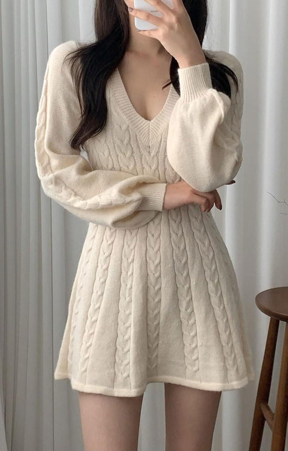 imageCHARTOU Women Fall Chunky Cable Knit V Neck Lantern Long Sleeve Pullover Sweater DressWhite