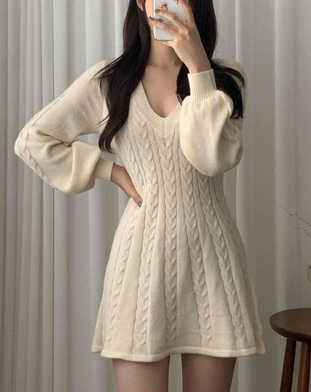 imageCHARTOU Women Fall Chunky Cable Knit V Neck Lantern Long Sleeve Pullover Sweater DressWhite