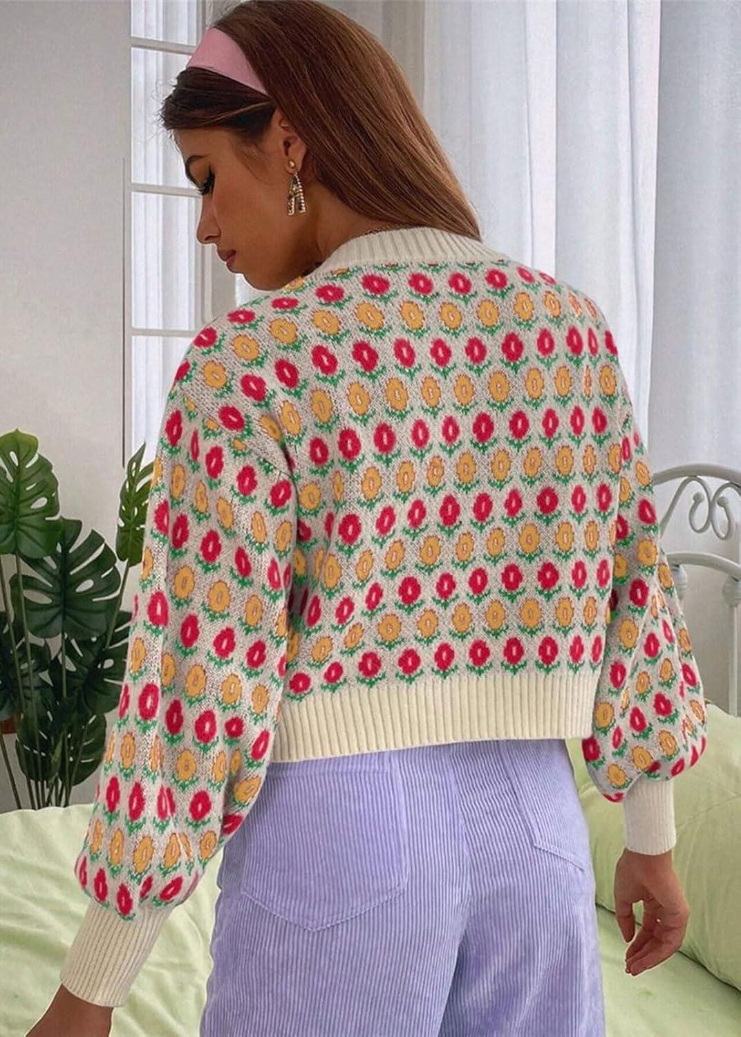 imageCHARTOU Women Floral Knit Cropped Cardigan Cute Lantern Long Sleeve Daisy Jacquard Ribbed SweaterApricot