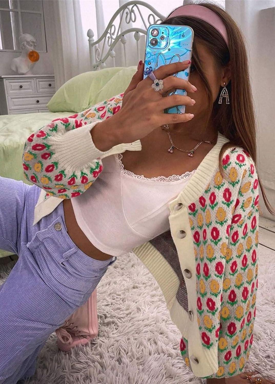 imageCHARTOU Women Floral Knit Cropped Cardigan Cute Lantern Long Sleeve Daisy Jacquard Ribbed SweaterApricot