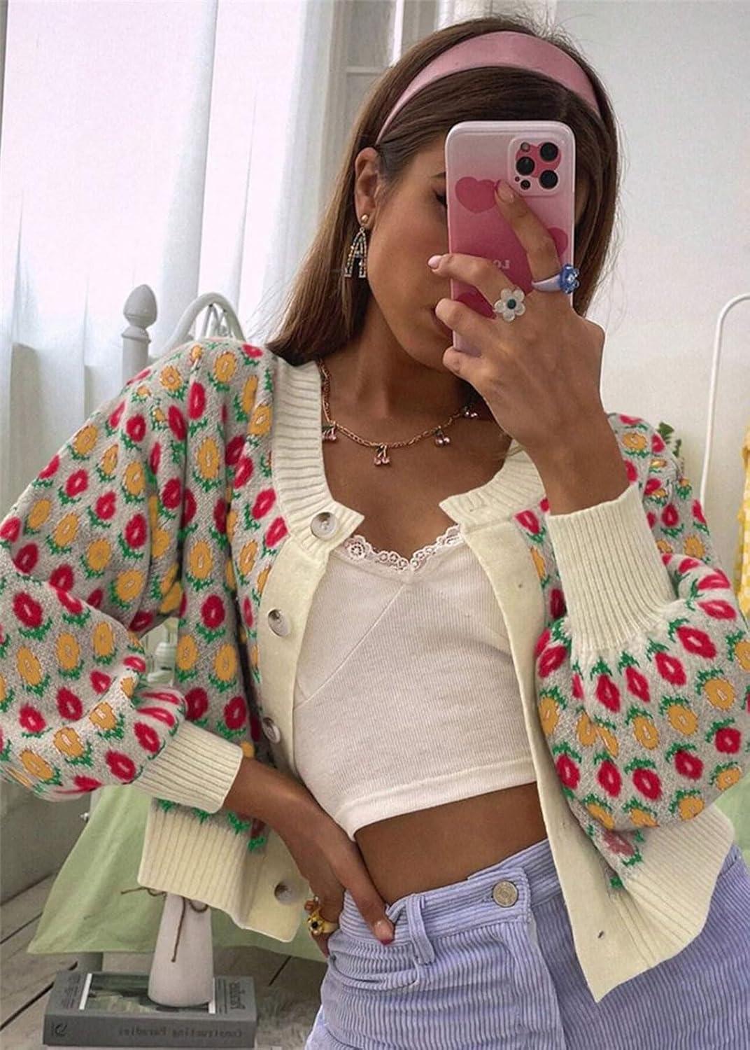 imageCHARTOU Women Floral Knit Cropped Cardigan Cute Lantern Long Sleeve Daisy Jacquard Ribbed SweaterApricot