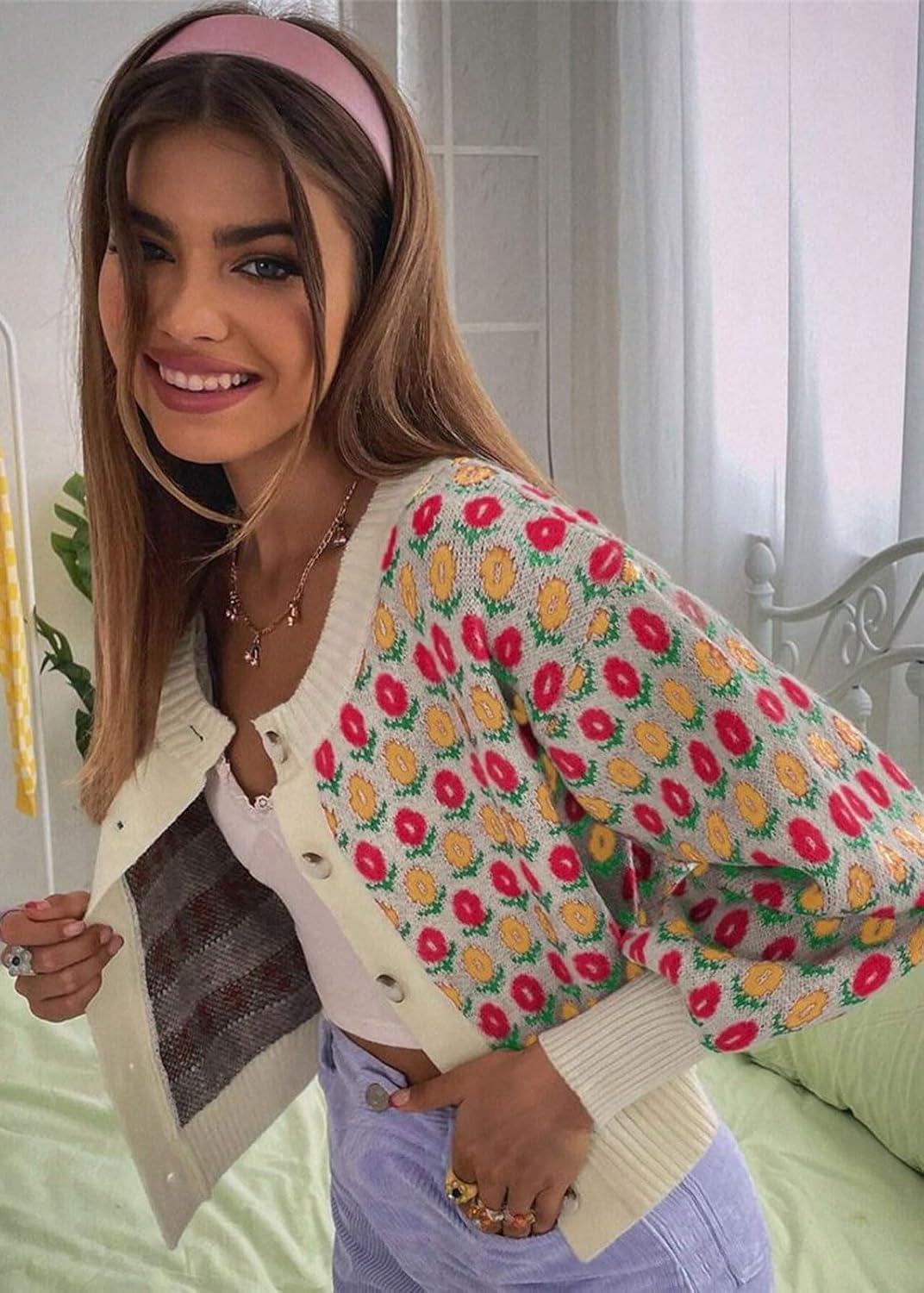 imageCHARTOU Women Floral Knit Cropped Cardigan Cute Lantern Long Sleeve Daisy Jacquard Ribbed SweaterApricot