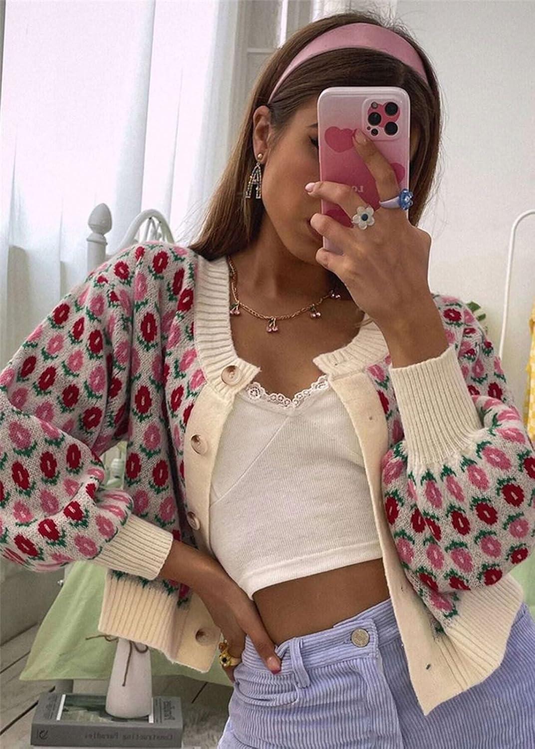 imageCHARTOU Women Floral Knit Cropped Cardigan Cute Lantern Long Sleeve Daisy Jacquard Ribbed SweaterPink