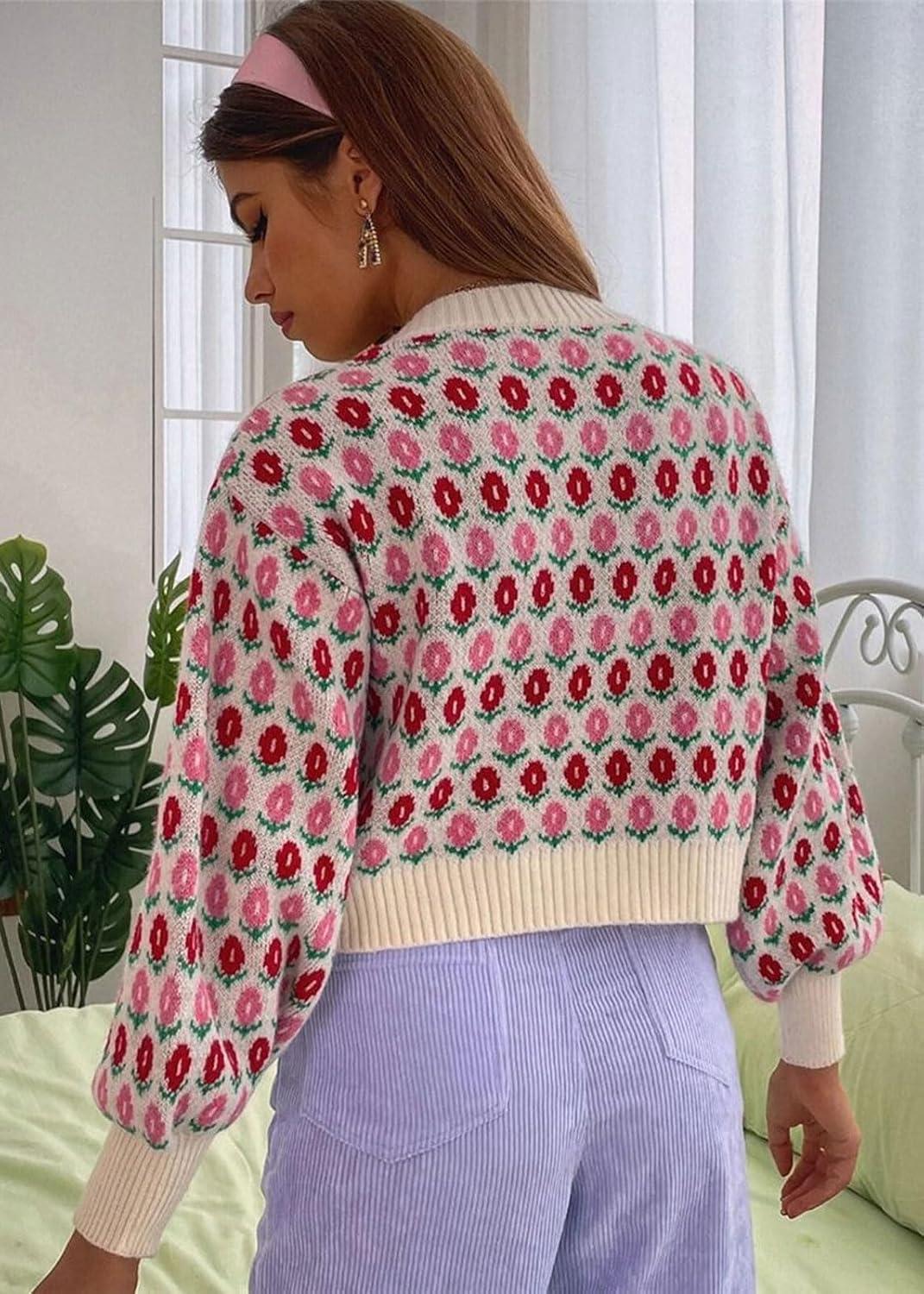 imageCHARTOU Women Floral Knit Cropped Cardigan Cute Lantern Long Sleeve Daisy Jacquard Ribbed SweaterPink