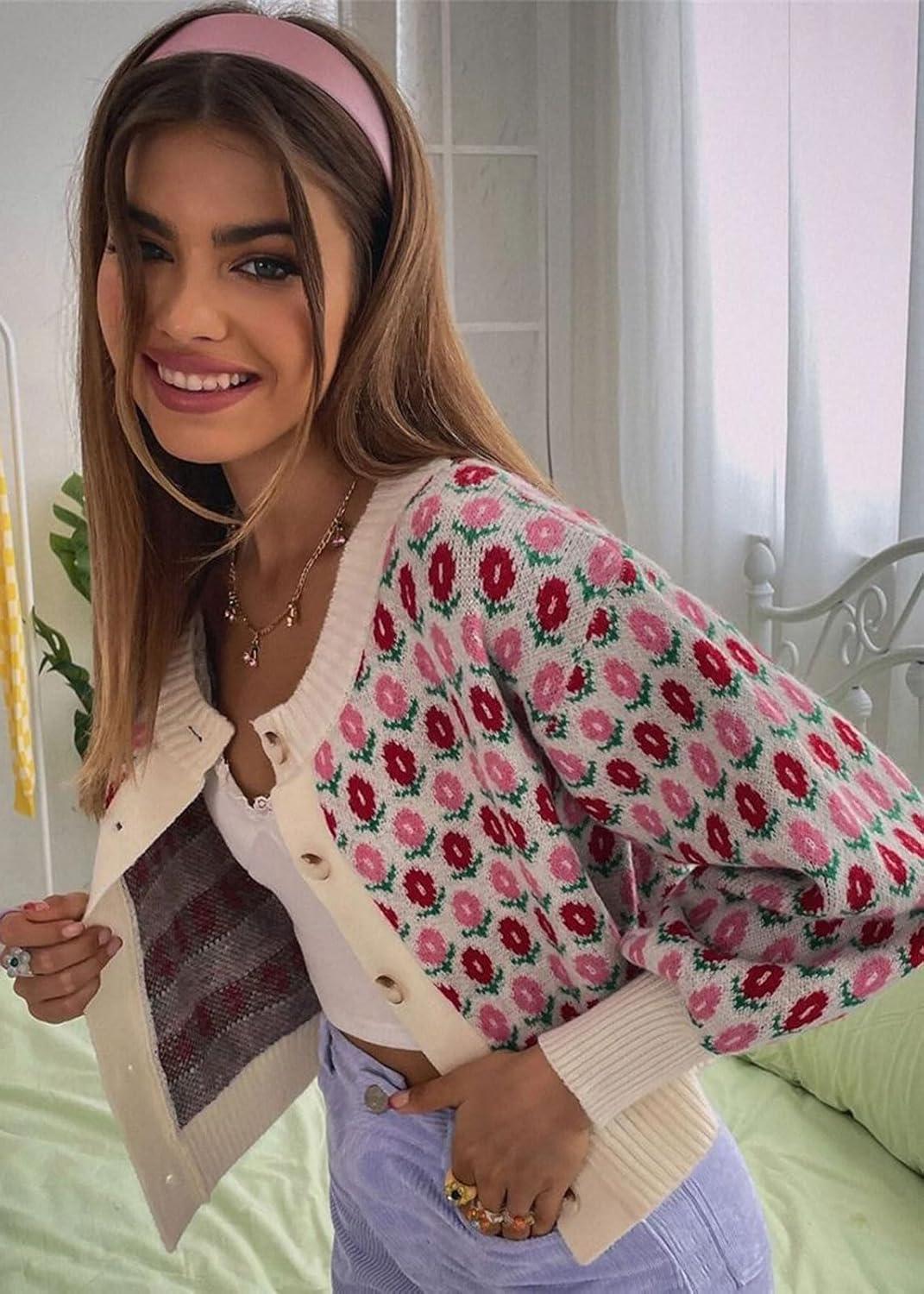 imageCHARTOU Women Floral Knit Cropped Cardigan Cute Lantern Long Sleeve Daisy Jacquard Ribbed SweaterPink