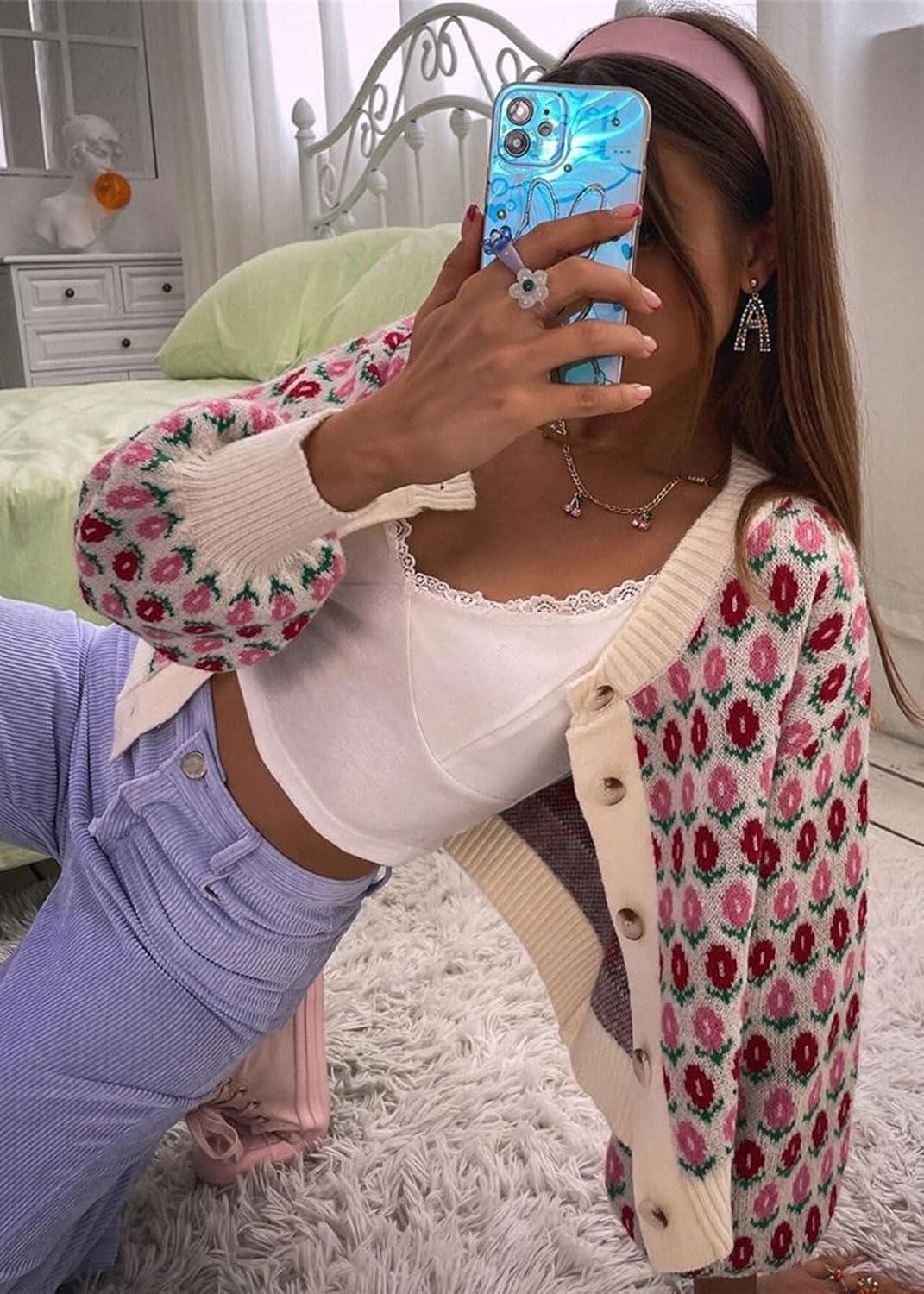 imageCHARTOU Women Floral Knit Cropped Cardigan Cute Lantern Long Sleeve Daisy Jacquard Ribbed SweaterPink