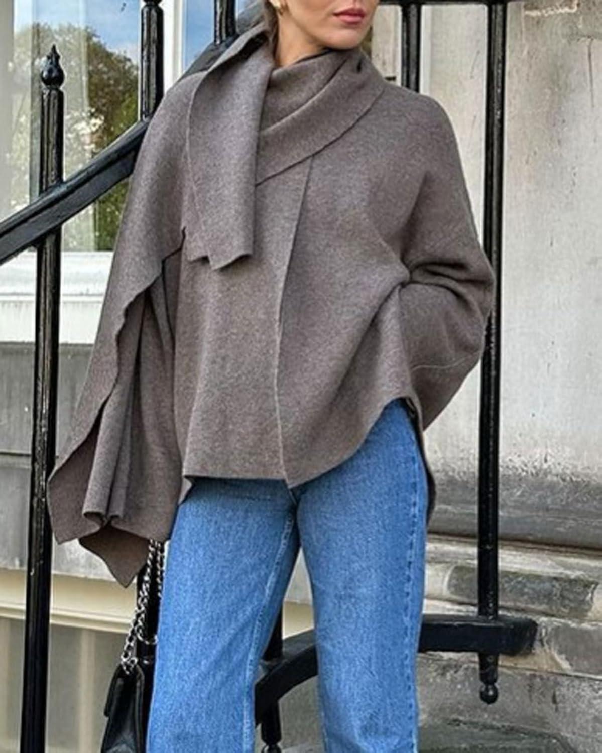 imageCHARTOU Women Large Cross Front Cape Shawl Cardigan Coat Elegant Knit Wrap Cloak Sweater Poncho JacketDark Brown